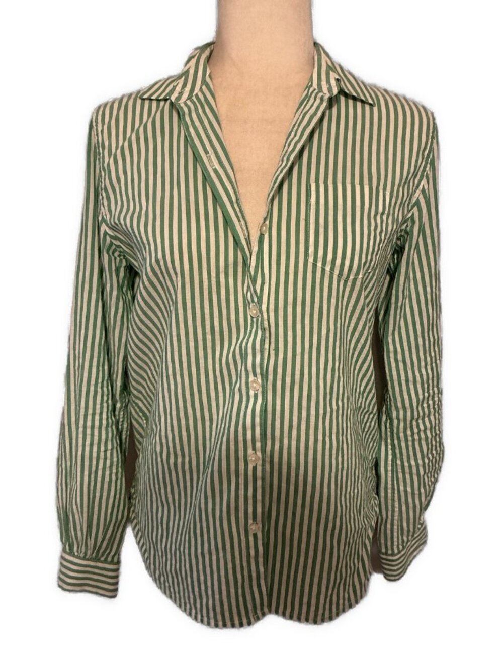 by trovata birds of paradis green white striped long sleeve button down top Xs